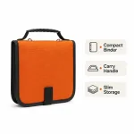 Orange tackle binder beside icons labeled Compact Binder, Carry Handle and Slim Storage