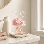 Rosa Blumendiffuser auf einem Tablett neben gefalteten Handtüchern und einer Vase auf einem Badschrank