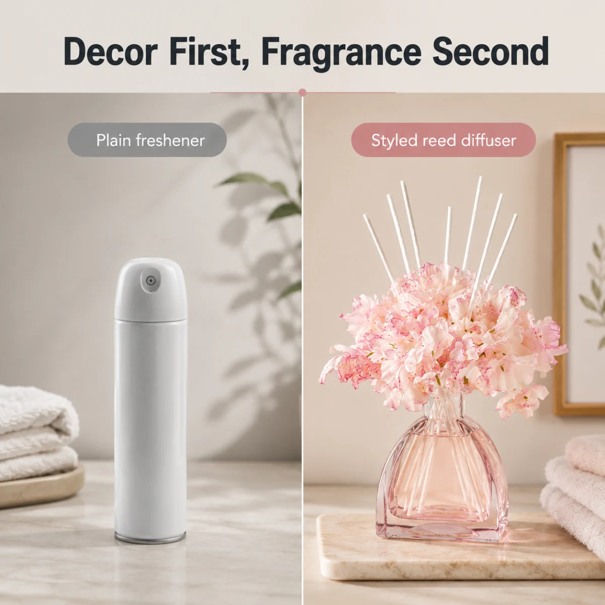 Dekorativer Reed-Diffuser im Vergleich zu einem schlichten Raumduft