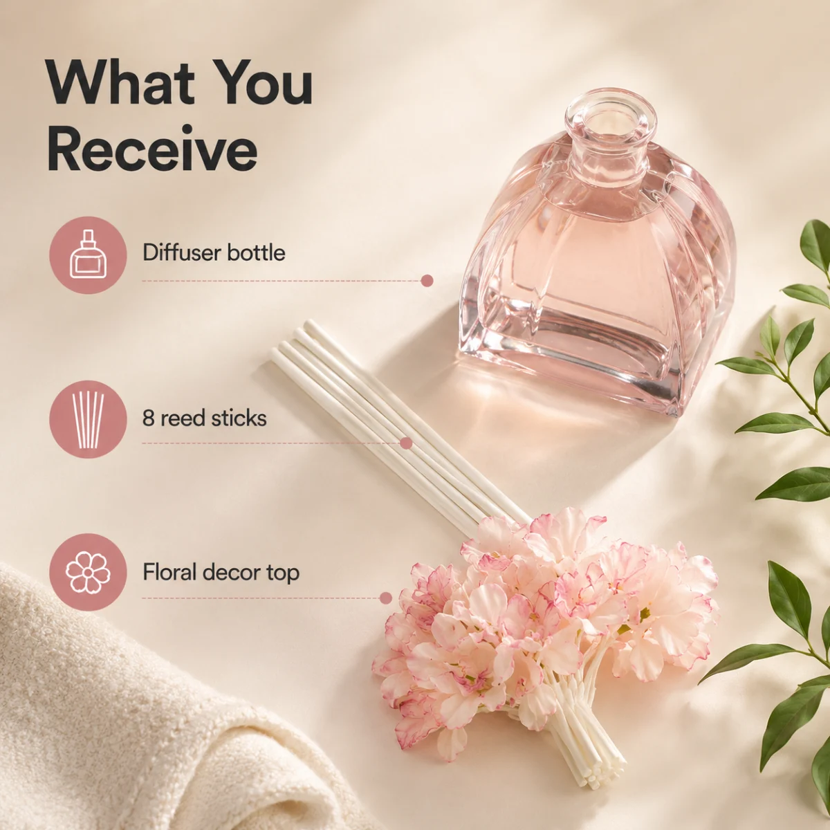 Flasche acht Reed-Staebchen und floraler Dekoraufsatz enthalten