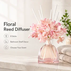 Floraler Reed-Diffuser mit 8 Staebchen für Badregal und Wohnraumdeko