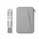Supporto per laptop argentato piegato con guide parallele accanto a una custodia grigia con cerniera