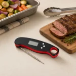 Schwarz-rotes Lebensmittelthermometer auf einer Arbeitsfläche neben aufgeschnittenem Braten und Gemüse.