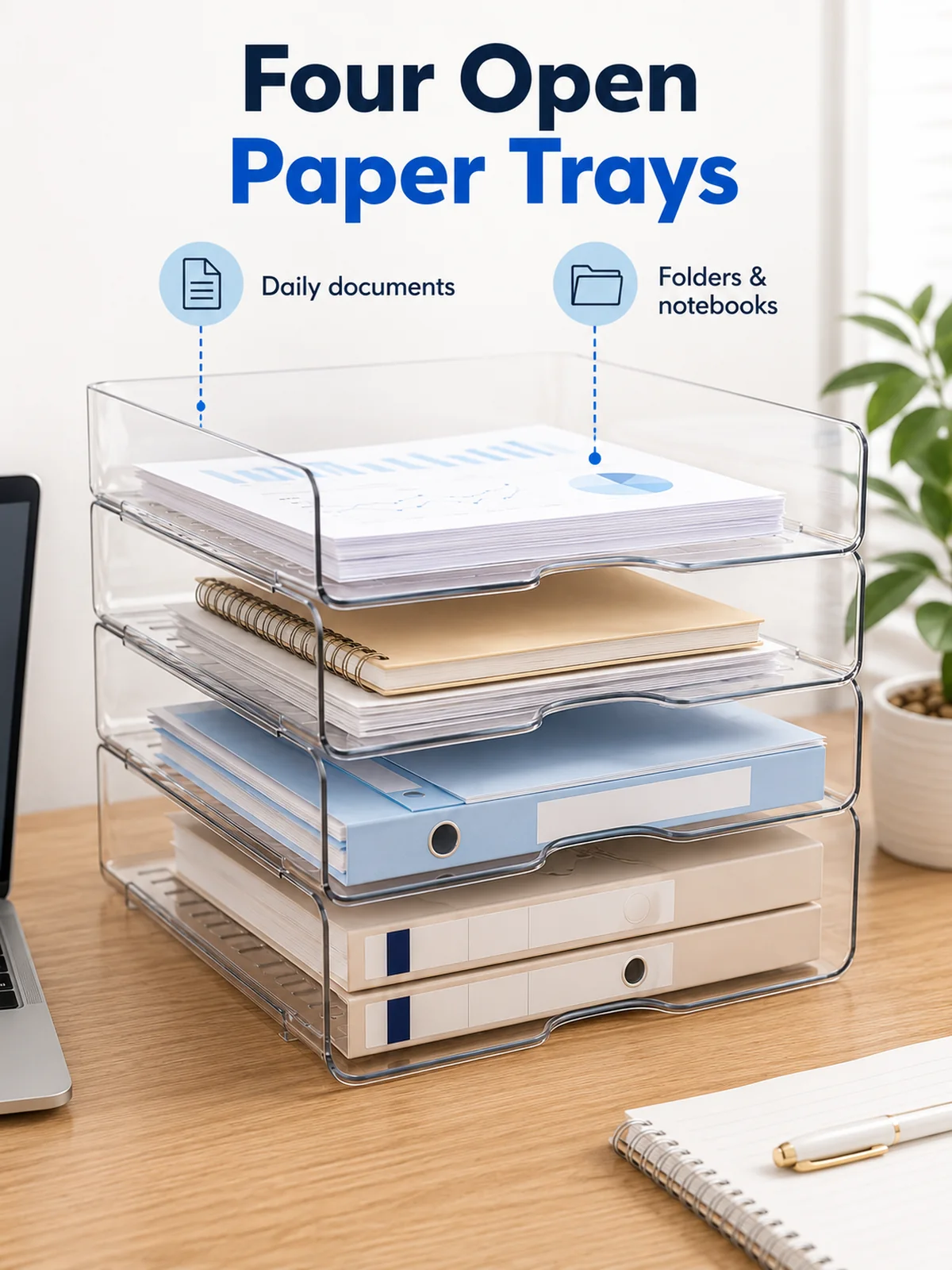 Quatre plateaux ouverts pour documents dossiers et carnets
