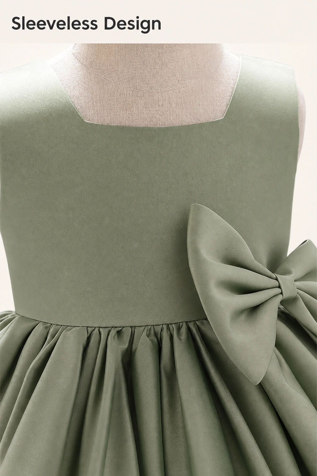Grünes ärmelloses Oberteil mit geraffter Taille und der Überschrift Sleeveless Design