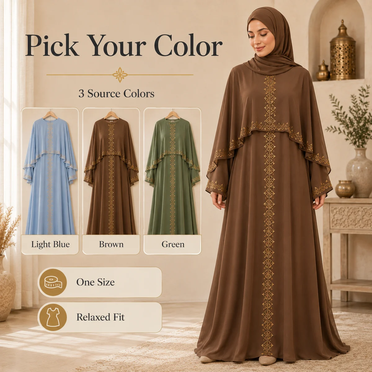 Détail matière et structure pour Robe abaya femme une pièce a motif doré pour un usage quotidien