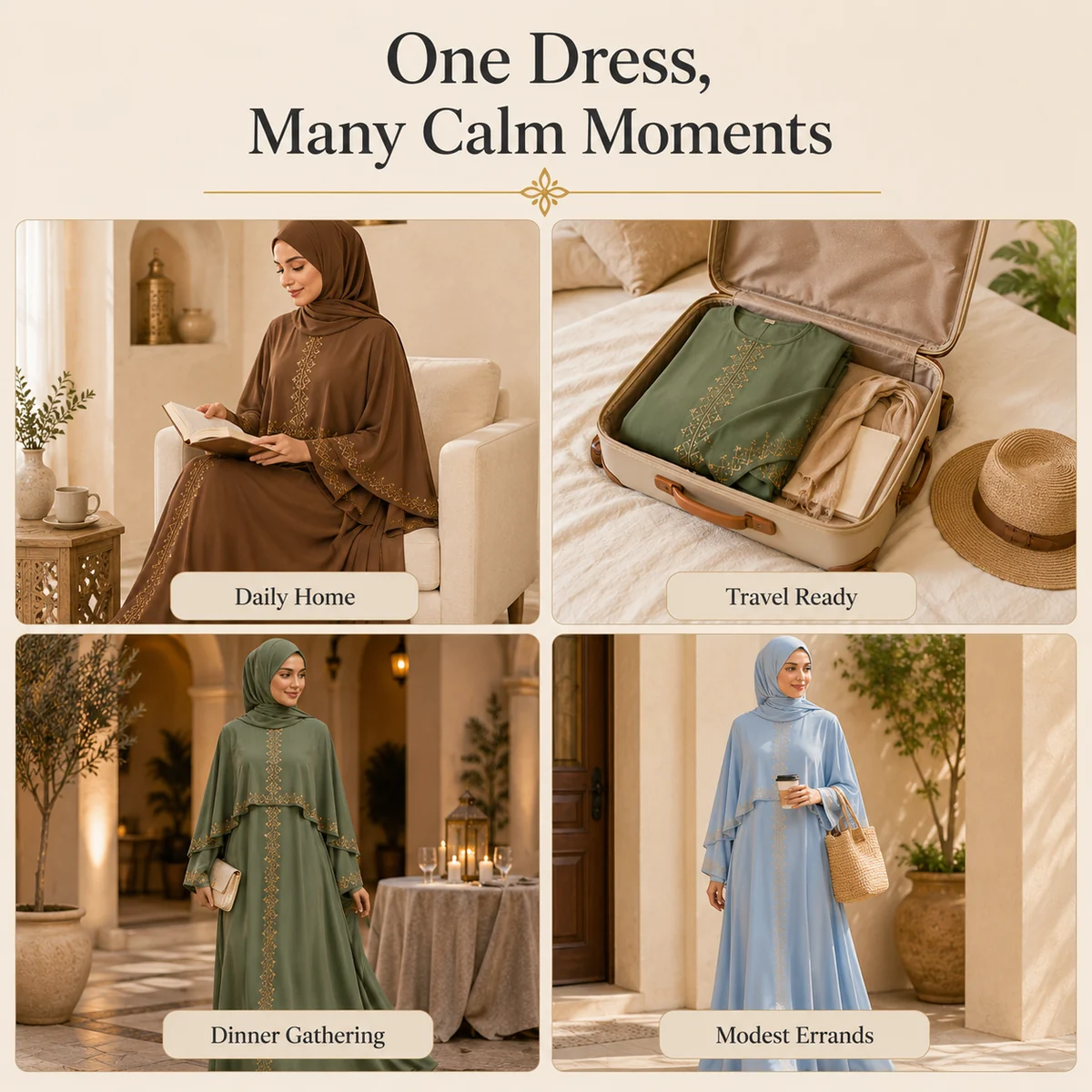 Scène d’usage quotidien pour Robe abaya femme une pièce a motif doré pour un usage quotidien