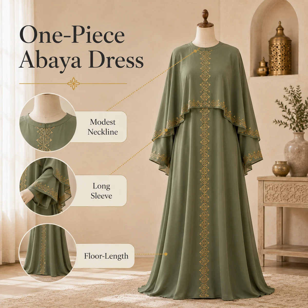Image de détail pour Robe abaya femme une pièce a motif doré pour un usage quotidien