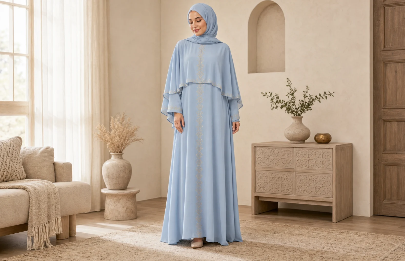 Personne portant une robe bleu clair longue jusqu’au sol et un couvre-chef assorti dans un intérieur