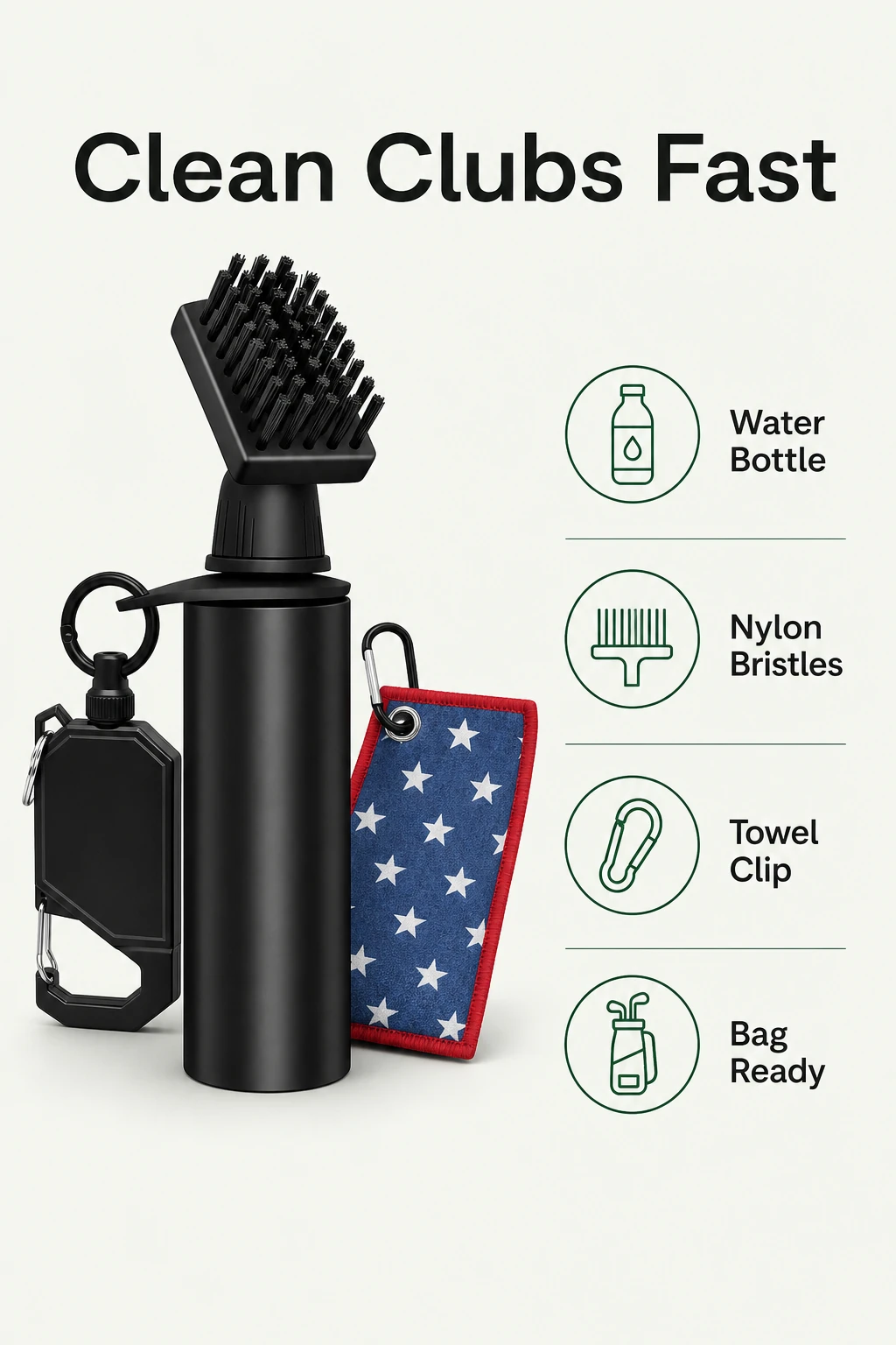 Clean Clubs Fast benefits infographic for golf club brush cleaner towel set