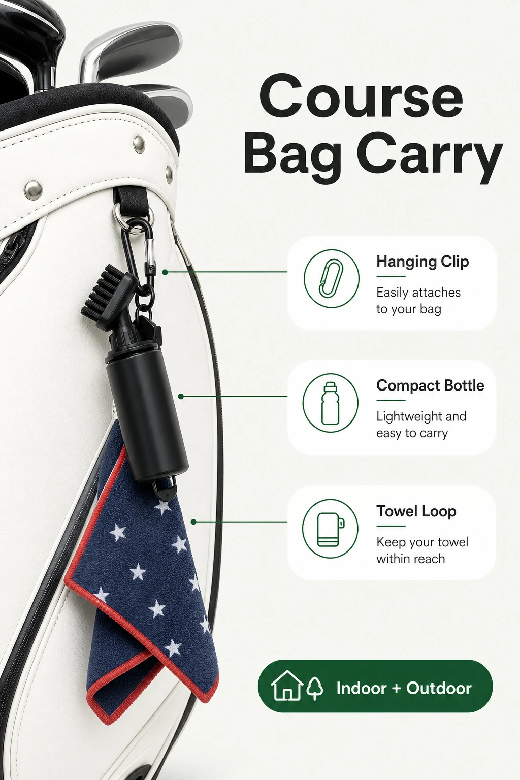 Course bag carry infographic for portable golf brush and towel set