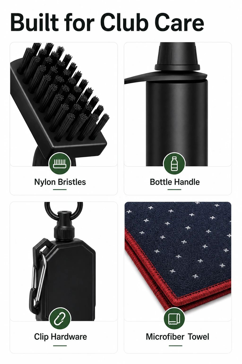 Product details infographic showing nylon bristles bottle body clip and towel