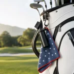 Black golf brush and star-patterned towel hanging from a golf bag outdoors