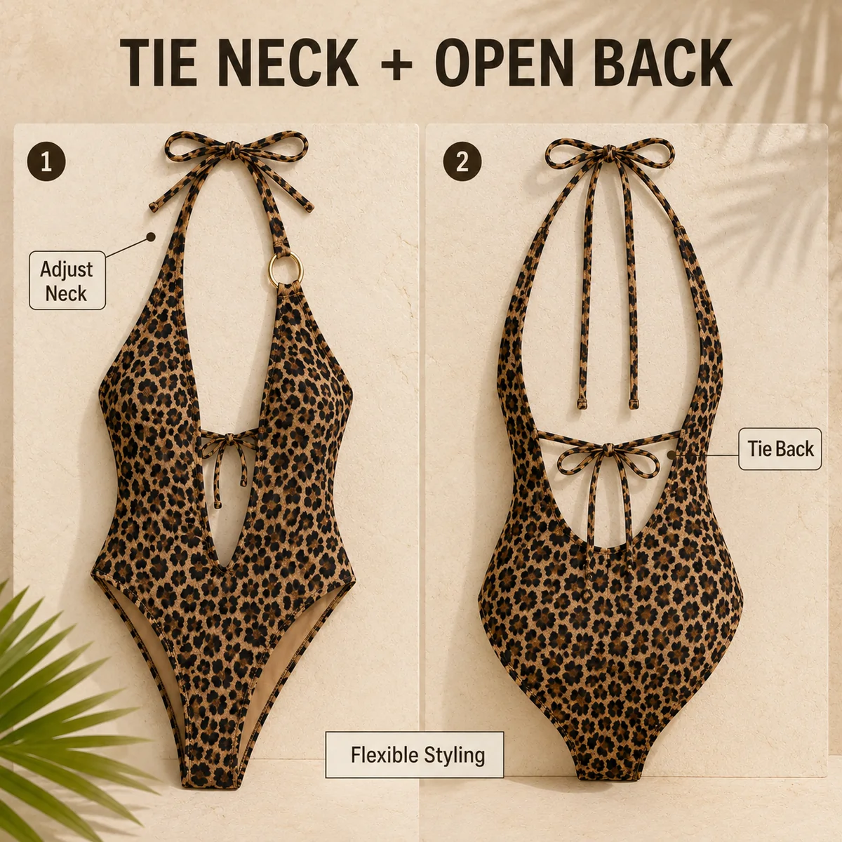 Détail matière et structure pour Maillot une pièce leopard dos nu a nouer pour un usage quotidien