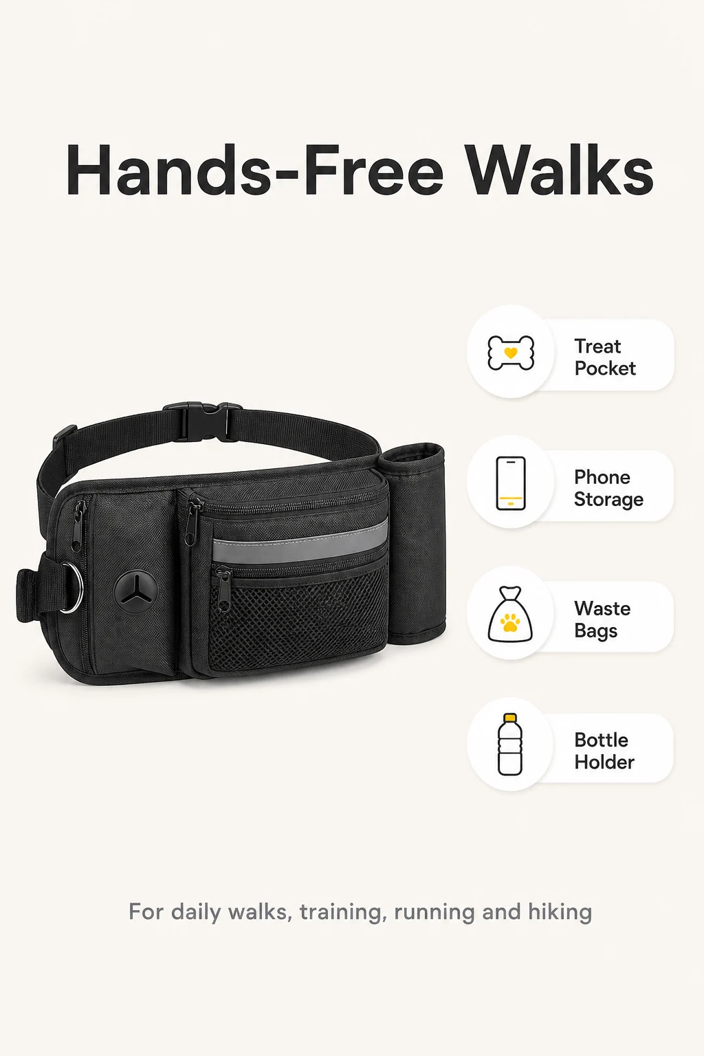 infografía Hands Free Walks para riñonera de paseo para perros