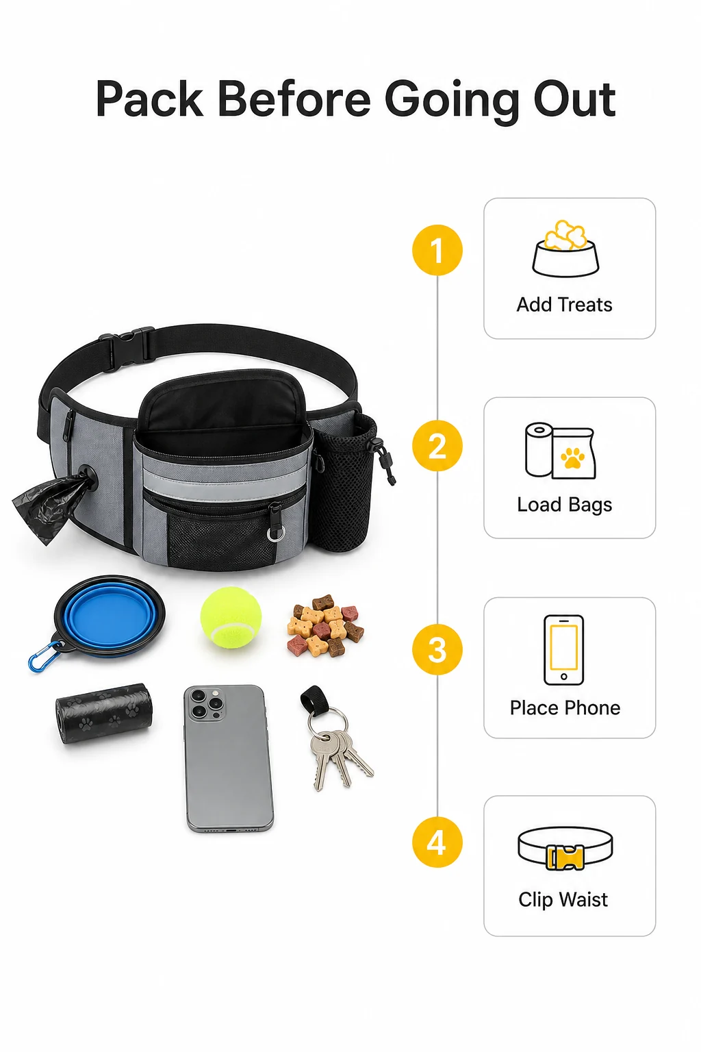 infografía Pack Before Going Out para riñonera de paseo para perros