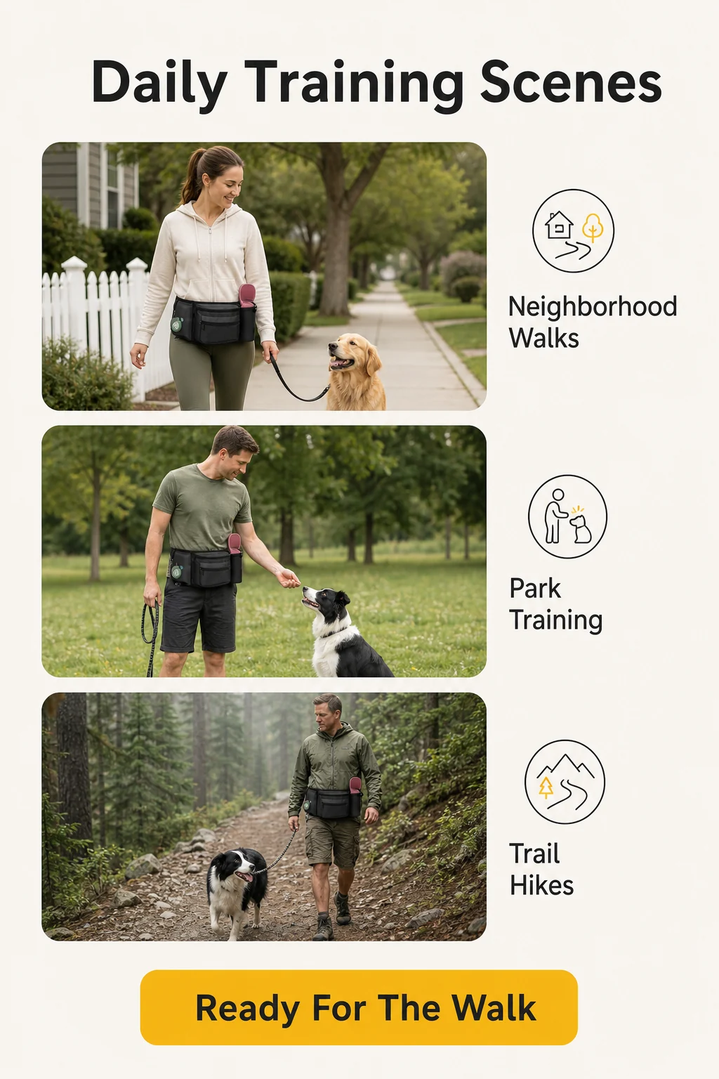 infografía Daily Training Scenes para riñonera manos libres para perros