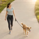 Mujer con riñonera negra que sostiene una correa mientras pasea a un perro por un camino pavimentado