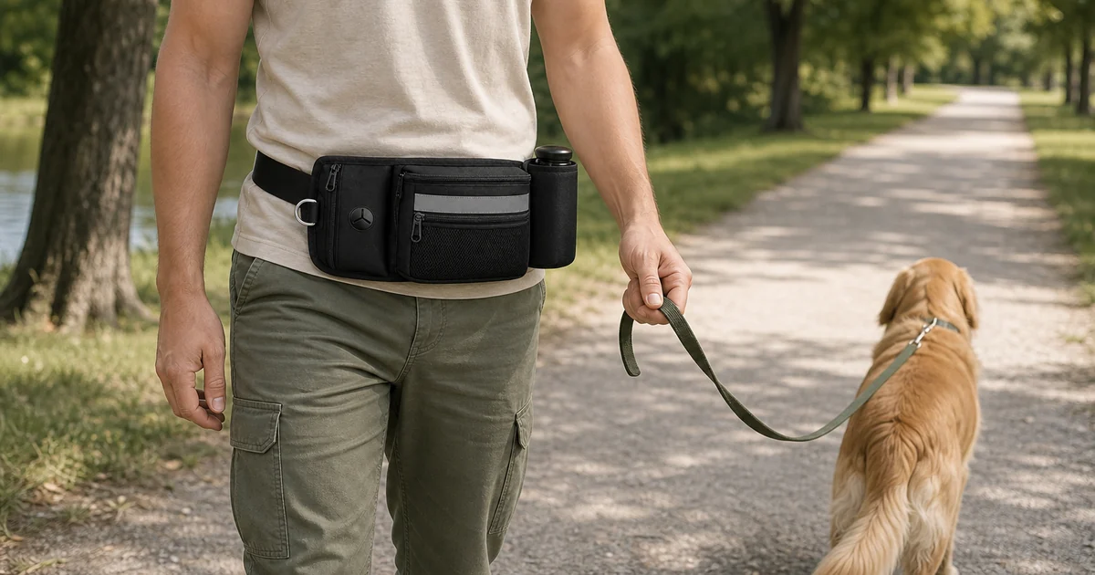 Schwarze freihändige Hunde Gürteltasche mit Flaschenhalter beim Spaziergang