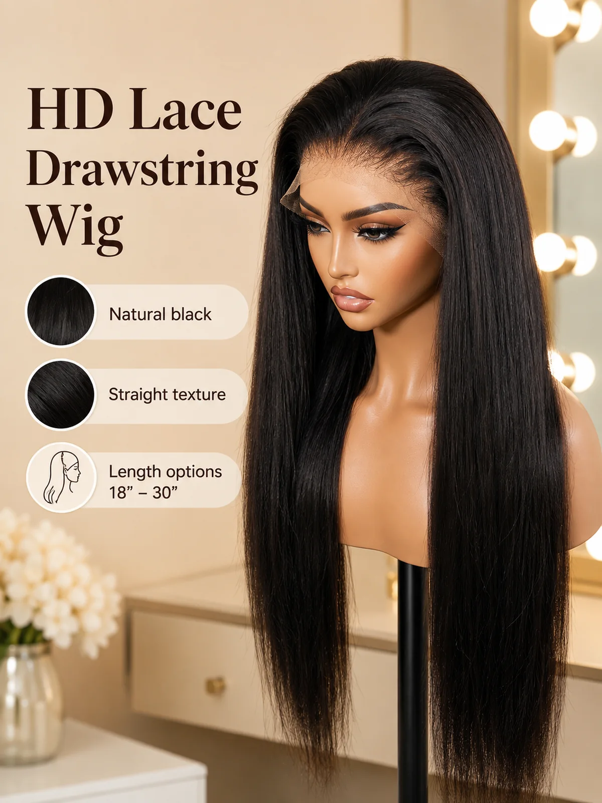 Detalle de linea frontal HD lace en peluca lisa negro natural