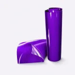 Glossy purple wrap film roll displayed upright beside a curved sample piece