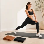 Donna in affondo su un tappetino con leggings neri, con leggings marroni e neri piegati davanti