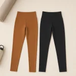 Leggings marroni e neri stesi accanto a un tappetino arrotolato e una bottiglia