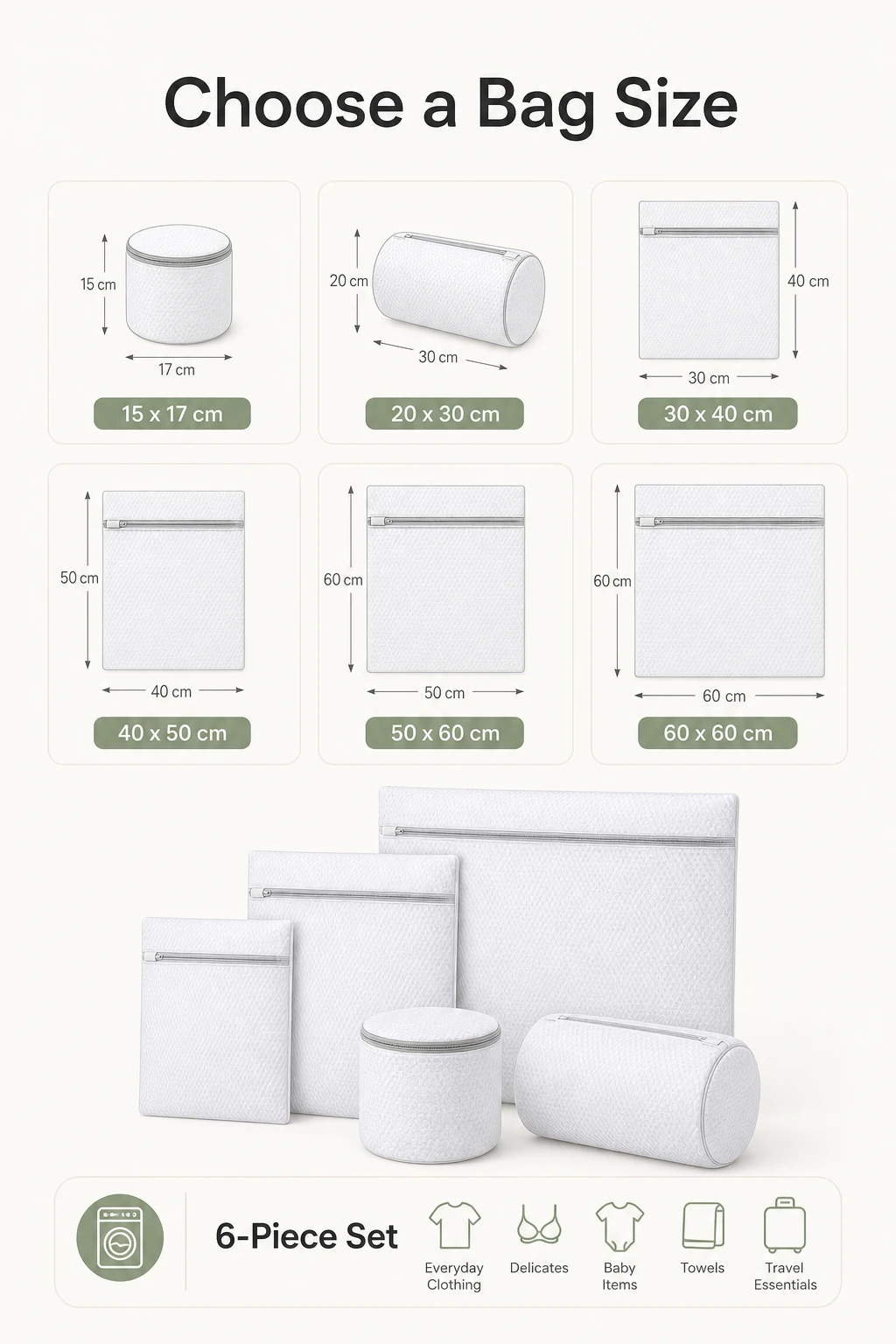 Size options infographic for mesh laundry wash bags