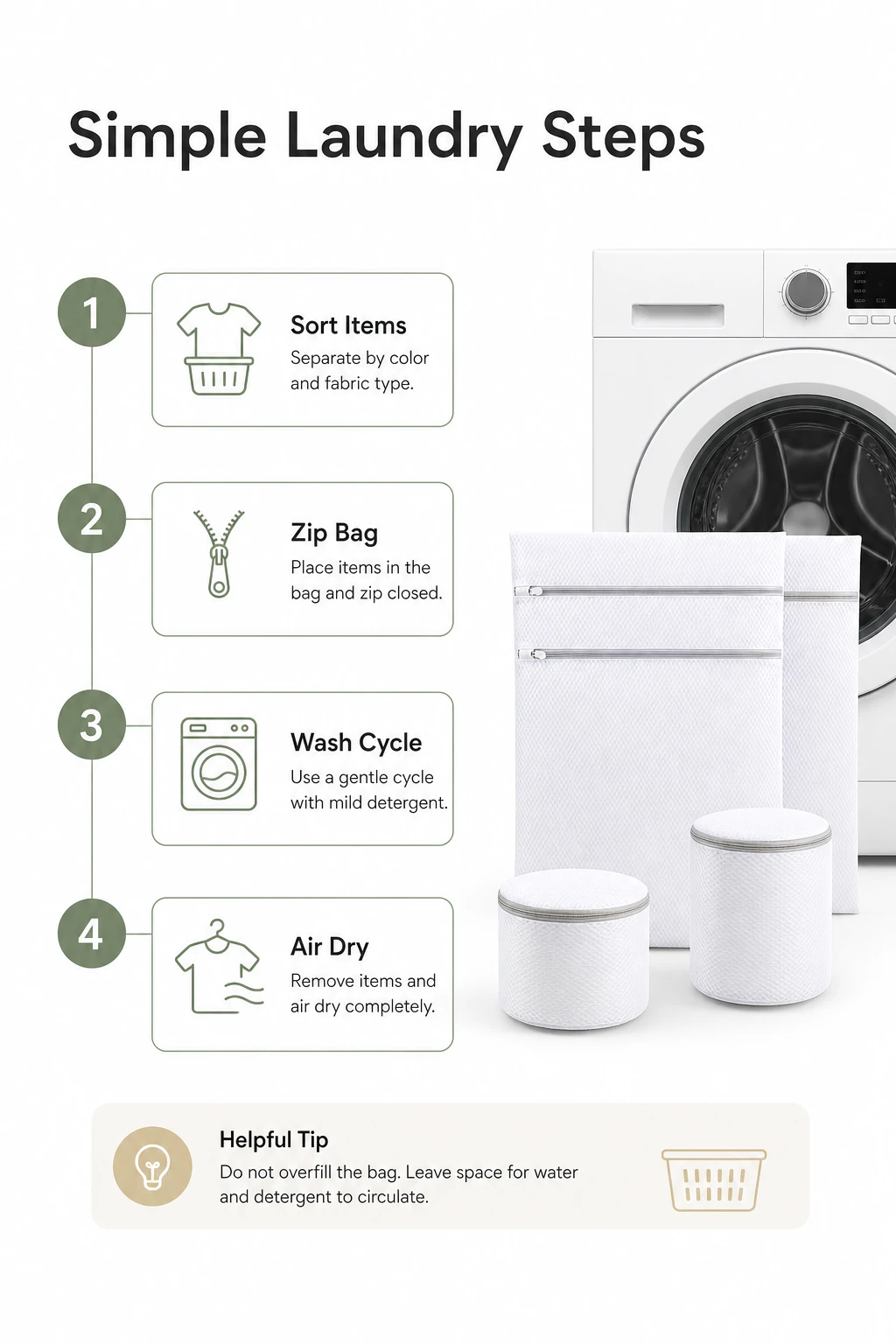 Simple usage steps infographic for laundry wash bags