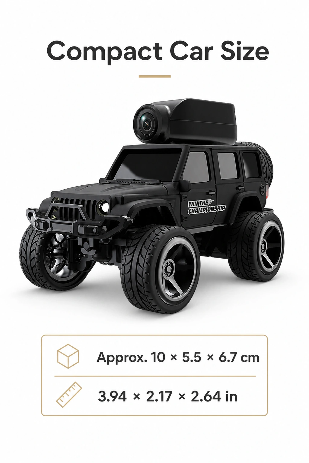 KF32 negro con cámara en el techo y medidas aproximadas en centímetros y pulgadas
