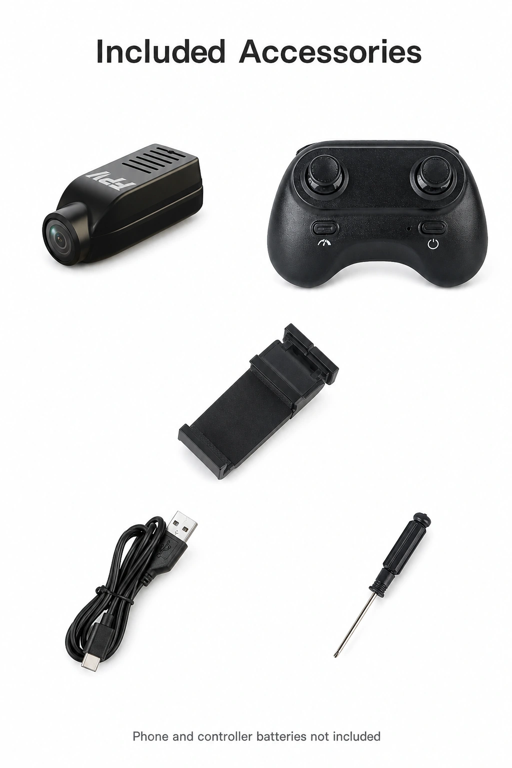 Accesorios incluidos del KF32: una cámara, mando de dos palancas, soporte para teléfono, cable de carga USB y destornillador