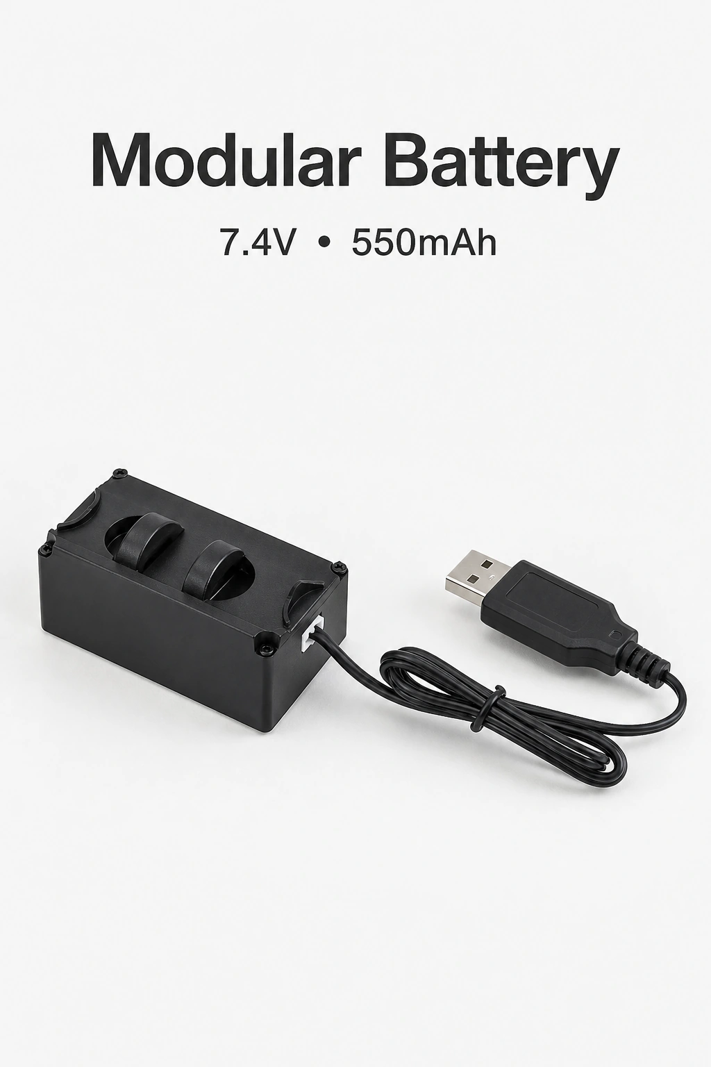 Batteria modulare nera collegata a un cavo USB sotto l’indicazione 7,4 V e 550 mAh