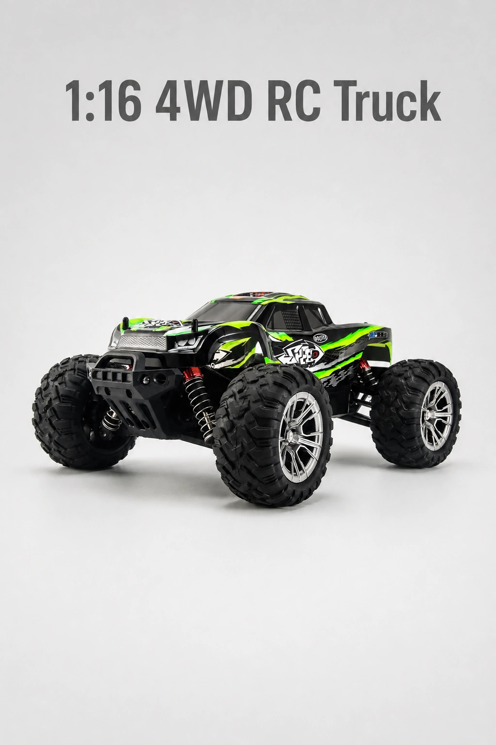 Camion RC N416 verde interamente visibile sotto il titolo 1:16 4WD RC Truck