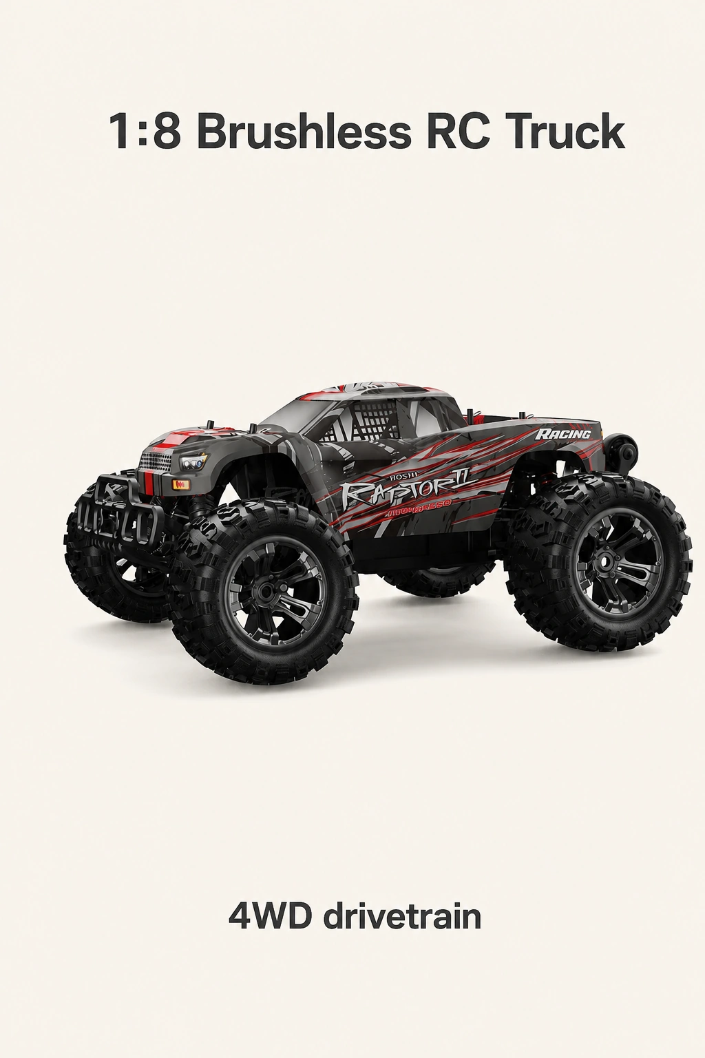 Vista baja en tres cuartos del coche, entre el título brushless 1:8 y la etiqueta 4WD