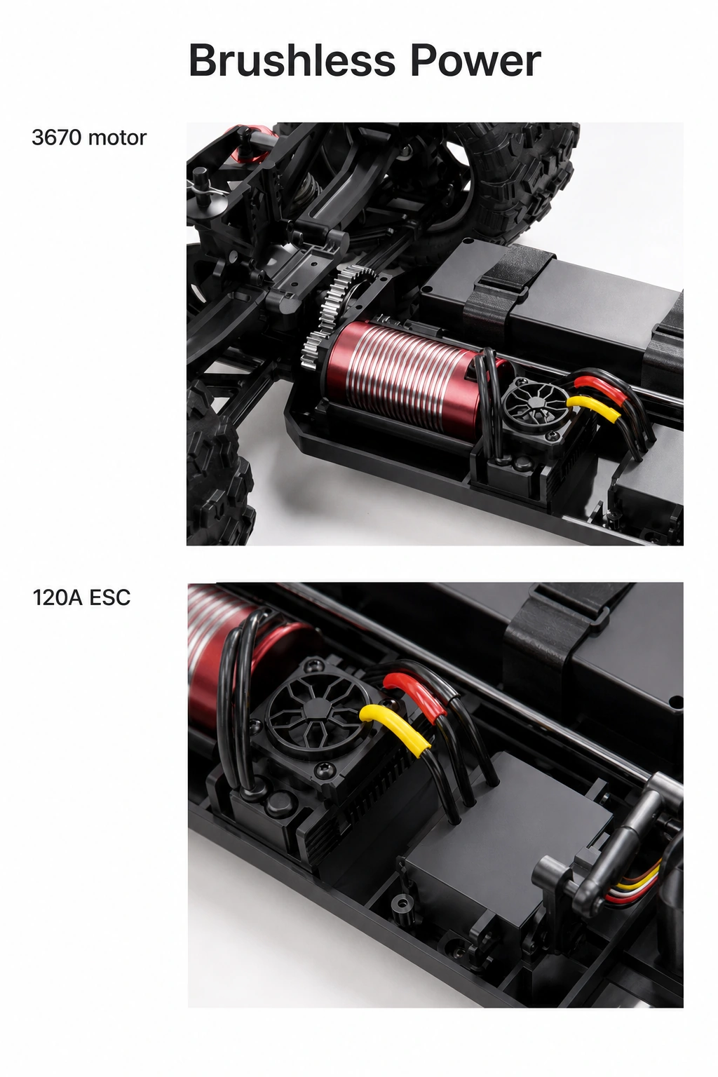 Dos paneles del chasis con motor brushless rojo con aletas y variador electrónico con ventilador