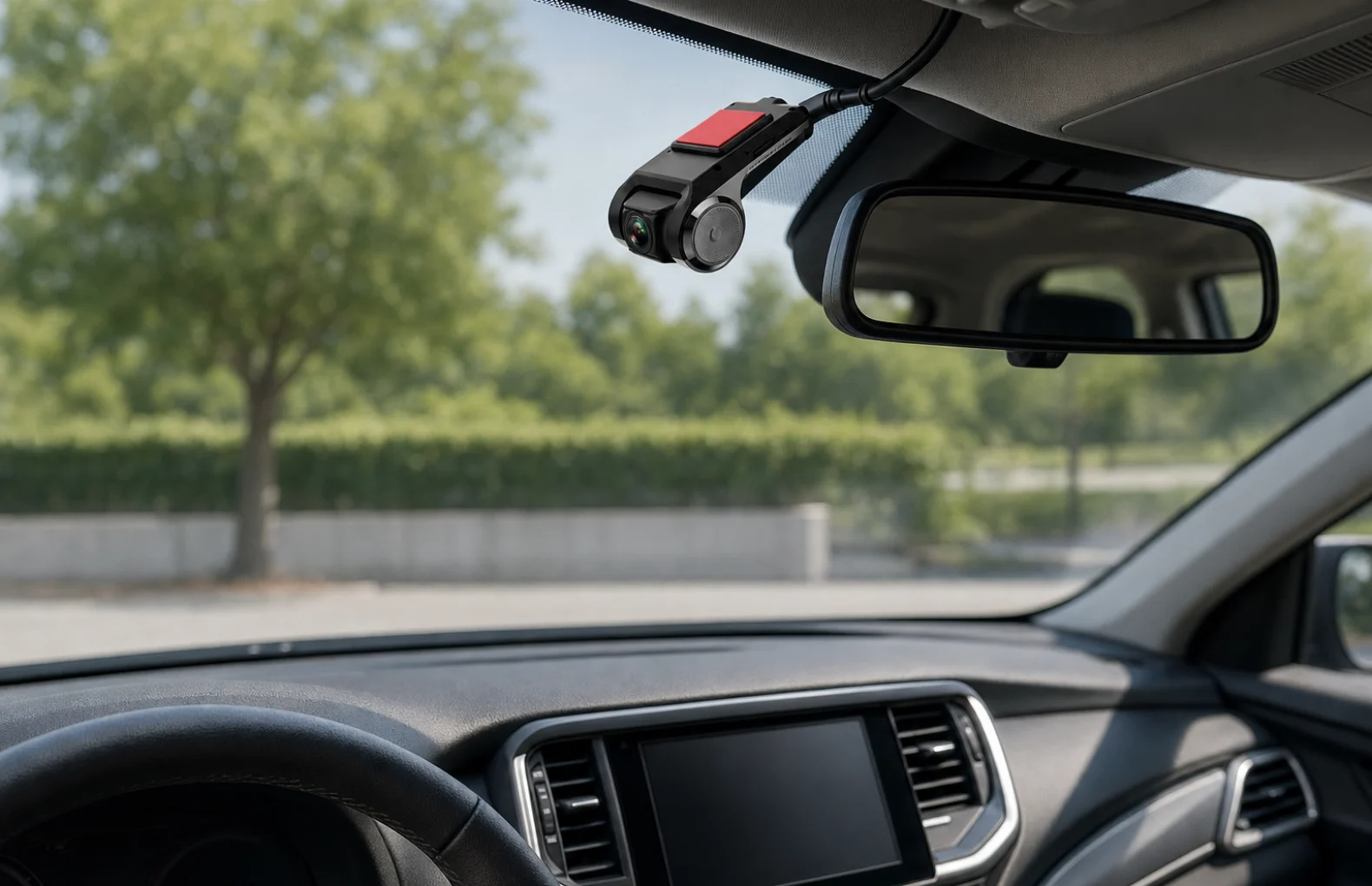 kleine schwarze USB Dashcam am Frontfenster fuer eine Android Autoradio Installation