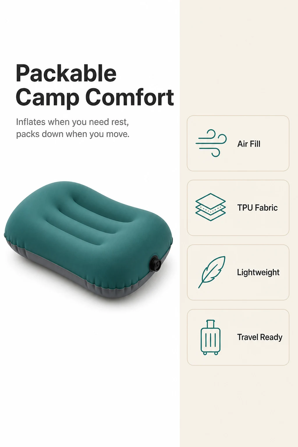 Green inflatable camping pillow with illustrated air-fill and packing features