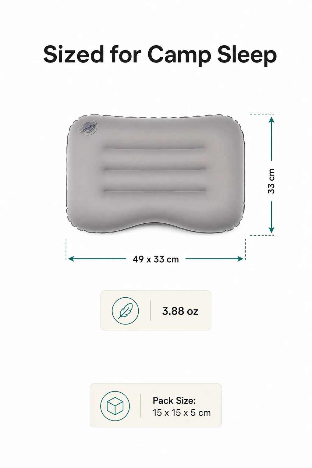 Gray inflatable pillow with measurement and weight graphics