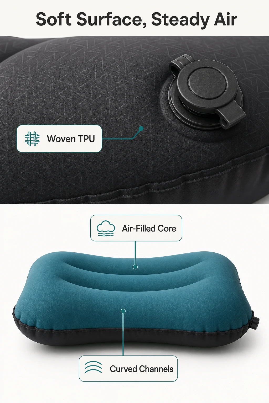 Close-up of an inflatable pillow surface, valve and curved channels