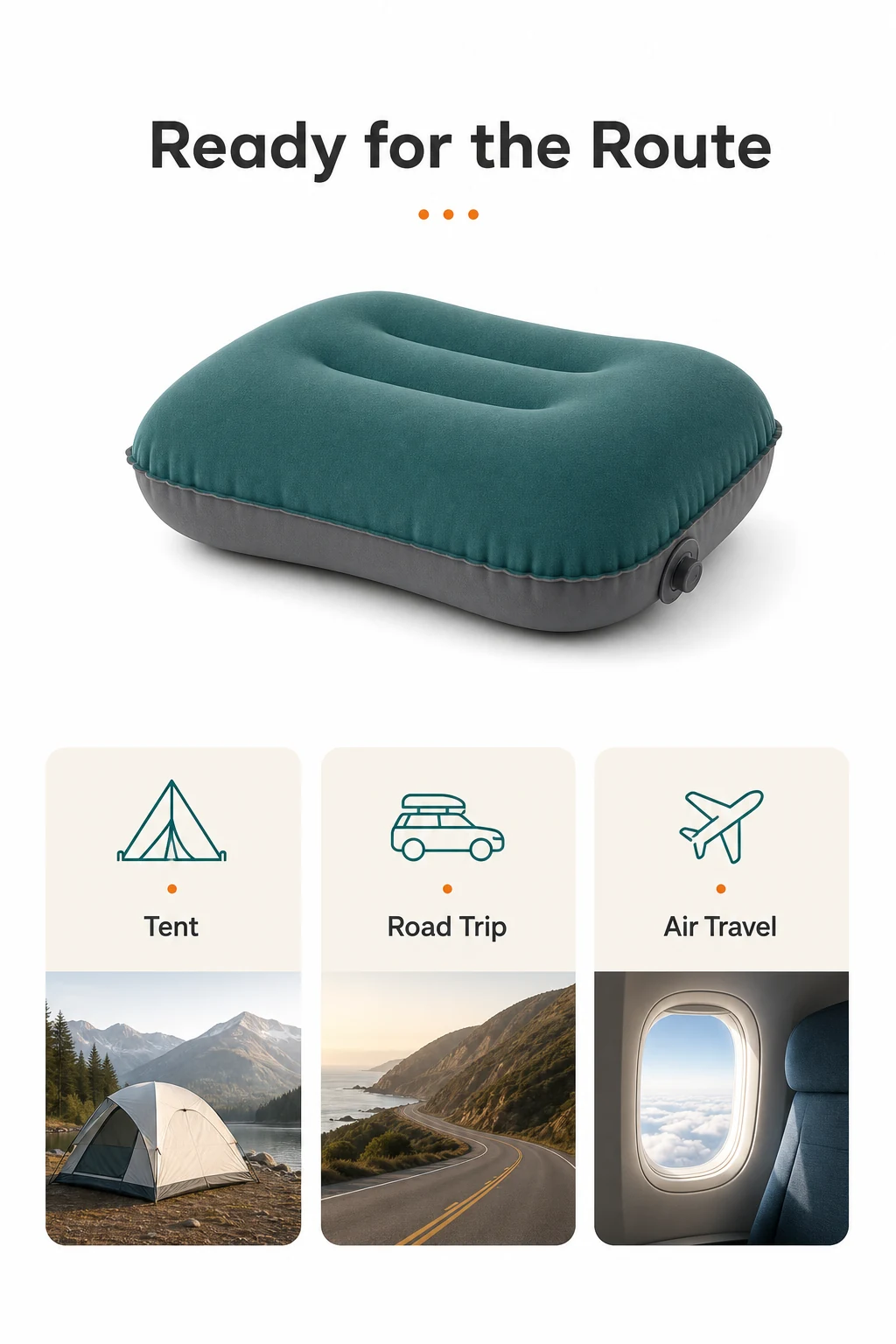 Teal inflatable pillow with tent, road trip and airplane travel scenes