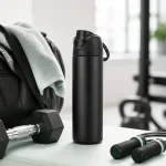 Garrafa preta de água ao lado de uma bolsa de ginástica, toalha, haltere e corda de pular