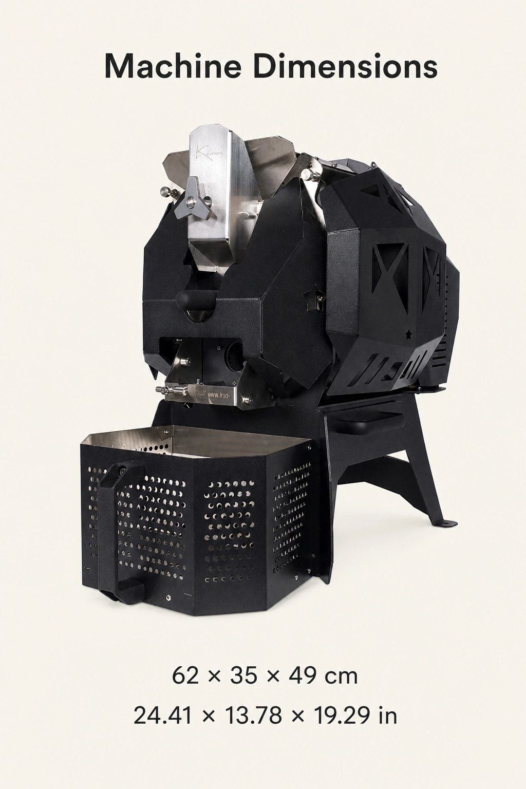 Black roaster with machine dimensions of 62 × 35 × 49 cm and 24.41 × 13.78 × 19.29 in
