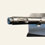 Dettaglio del comando metallico di uscita con estremità circolare blu e piccolo pomello trasversale
