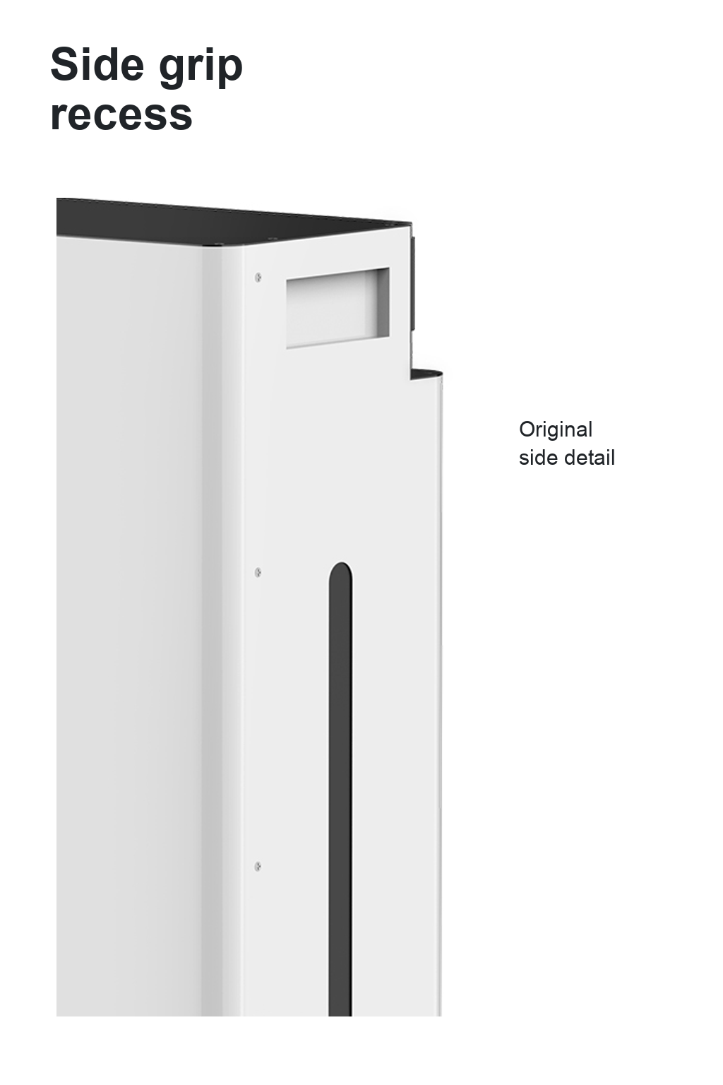 Recessed side grip on the upper white cabinet, labeled Side Grip Recess