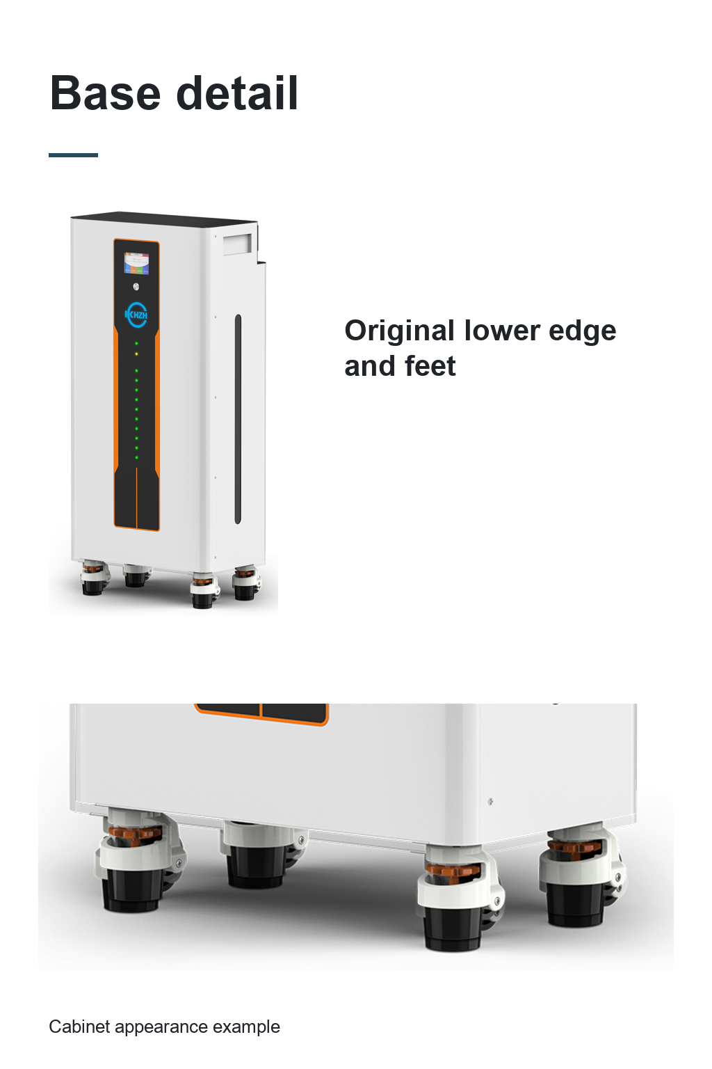Complete cabinet above a close-up of the lower edge and four black cylindrical feet