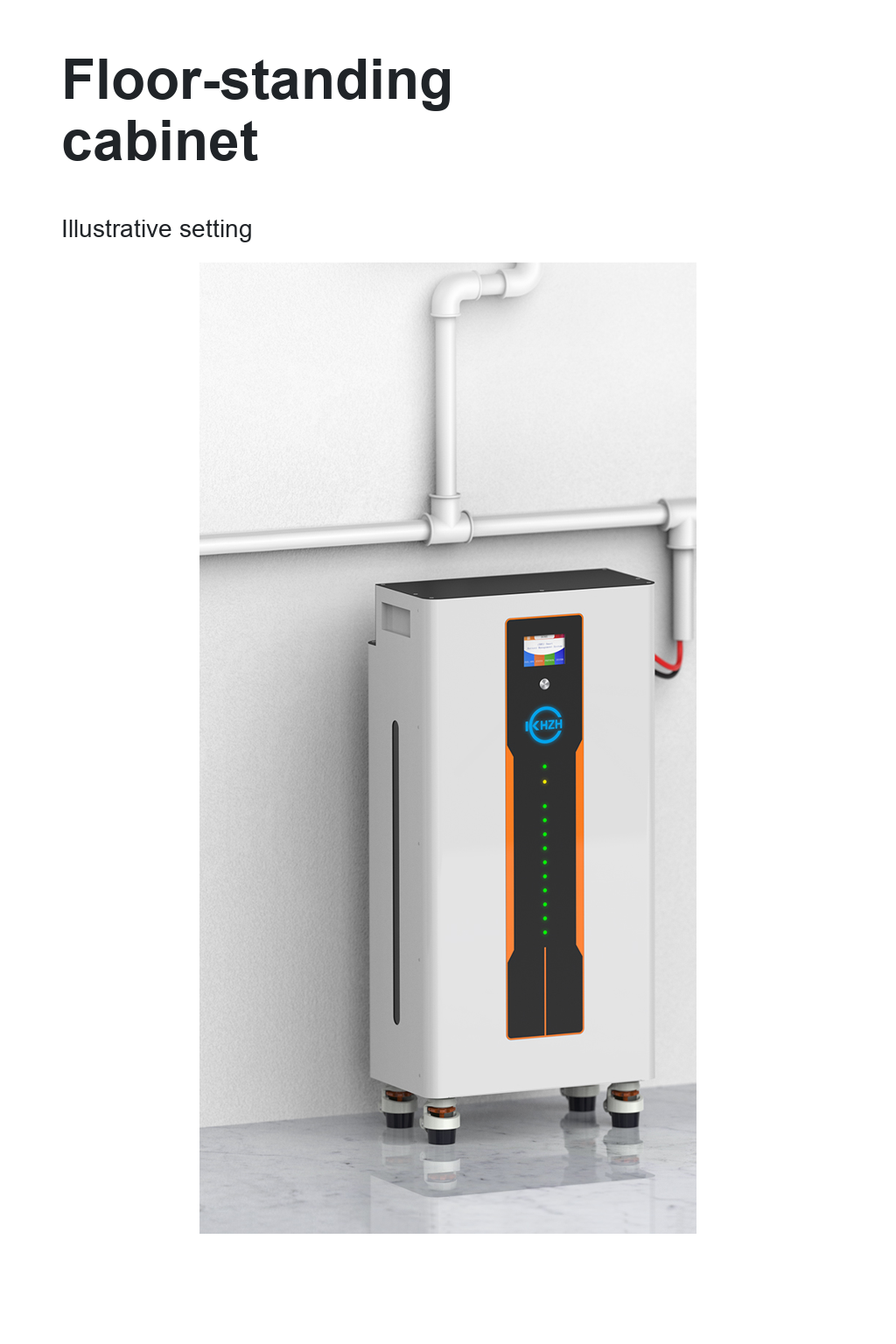 Complete white battery cabinet in an illustrative room scene with a floor-standing cabinet heading