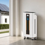 Illustrative residential-roof setting beside a complete white battery cabinet
