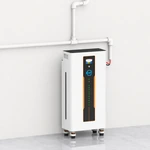 Complete white floor-standing battery cabinet in an illustrative utility-room scene