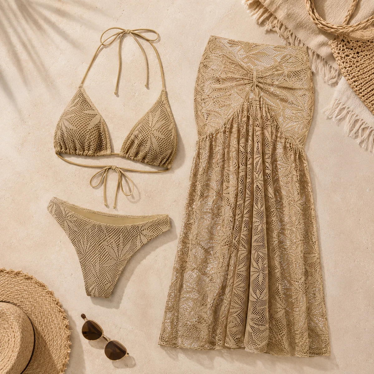 Immagine di dettaglio per Set bikini crochet khaki 3 pezzi con gonna lunga