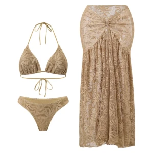 Set bikini crochet khaki 3 pezzi con gonna lunga